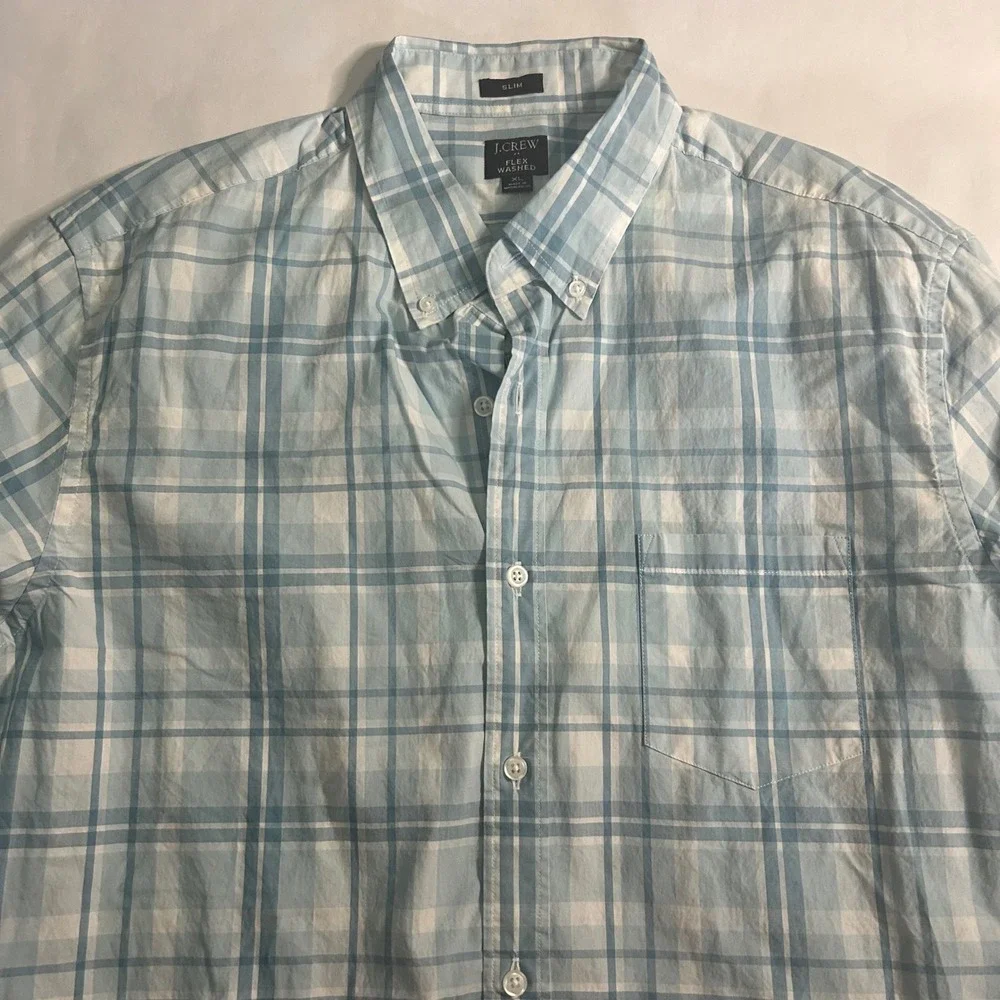 J.Crew Mens XL Slim Flex Washed Plaid Button‎ Down Shirt Blue White